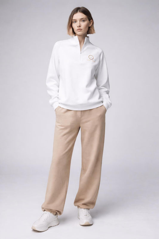 Full body view of the model wearing Women’s Quarter Zip Pullover — ‘Civil Risk’
