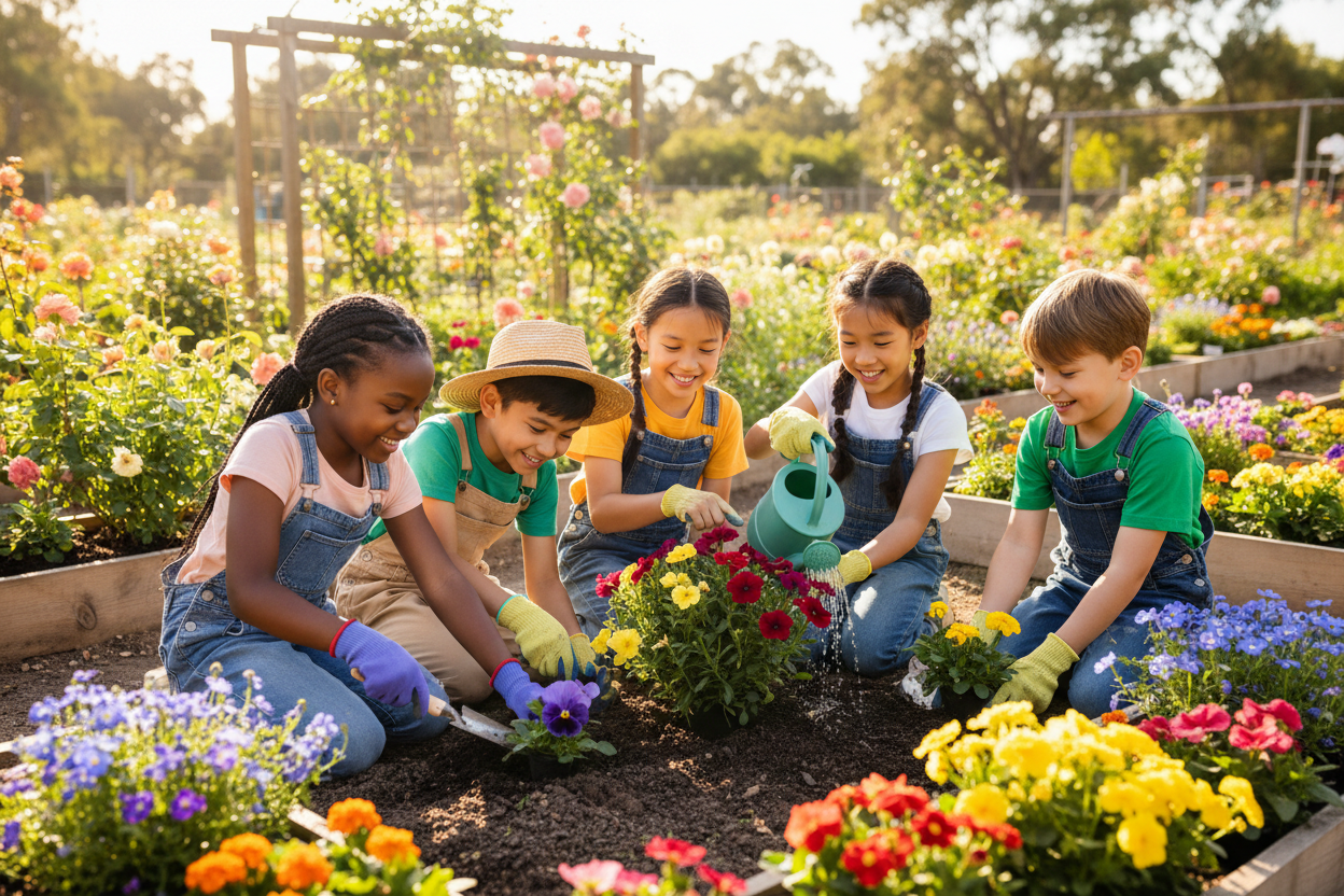 Image of smiling diverse children planting flowers 
