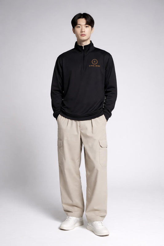 Full body view of the model wearing Men’s Quarter-Zip Pullover — ‘Civil Risk’