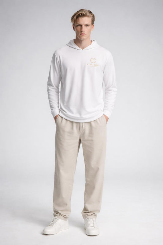 Full body view of the model wearing White Warmup Pullover — ‘Civil Risk’